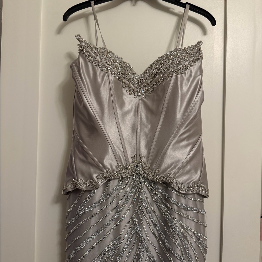 Silver Beaded Satin Evening Gown